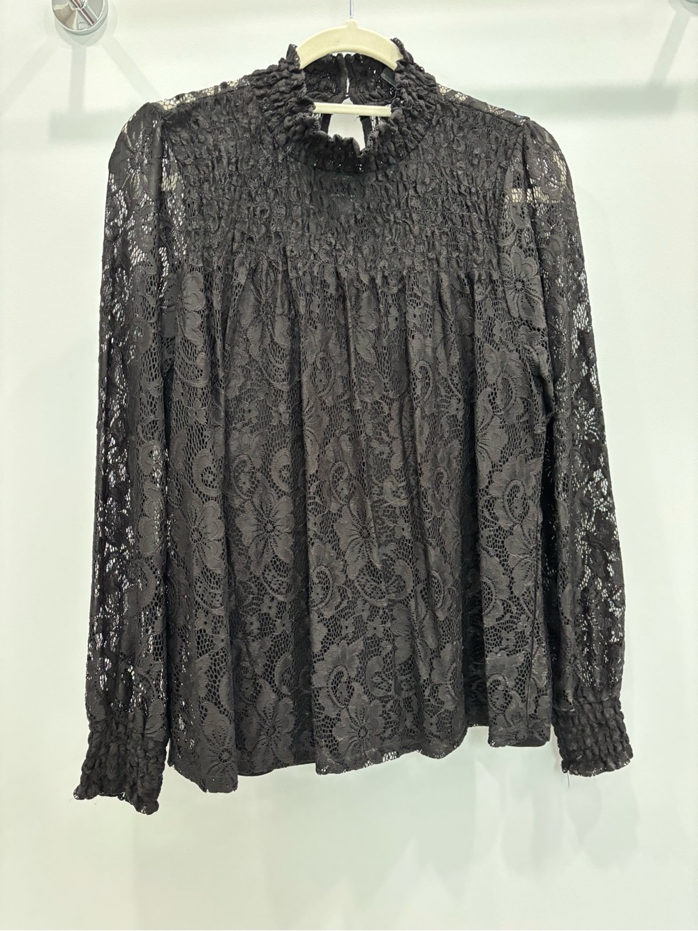 Cable & Gauge Black Floral Lace Smocked Mock-Neck Blouse